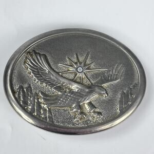 Vintage Eagle Belt Buckle Metal Western Cowboy Accessory Silver Tone Oval 80s